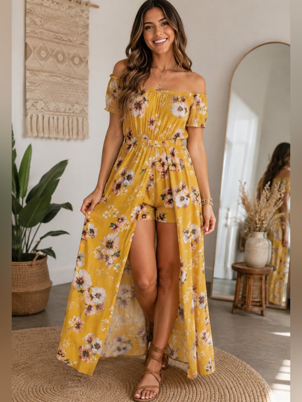 Y2K, Boho Justify Mustard Yellow Floral Maxi Romper Dress Size S M, Cottagecore